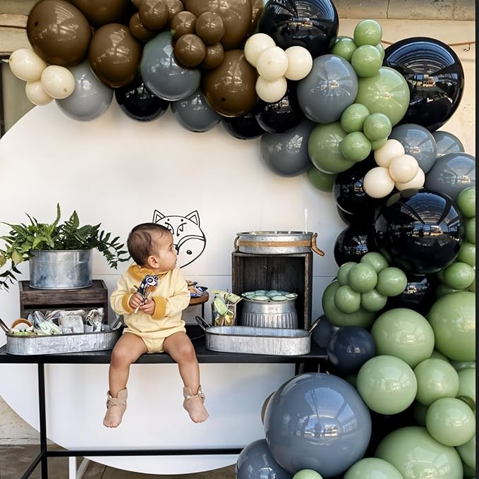 Green Gray Balloon Arch Kit,Sage Green Gray Brown Metallic Silver Balloons with Star Foil Balloon for Boy Birthday Party Decorations Baby Shower Graduation Party Supplies