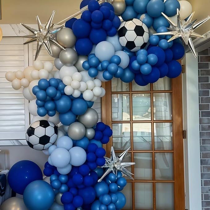 Soccer Balloons, 60Pcs 12 Inch Metallic Blue Silver White Confetti Soccer Party Latex Balloons for Kids Boy Soccer Birthday Sport Party Decorations Sports Baby Shower Graduation Party Supplies