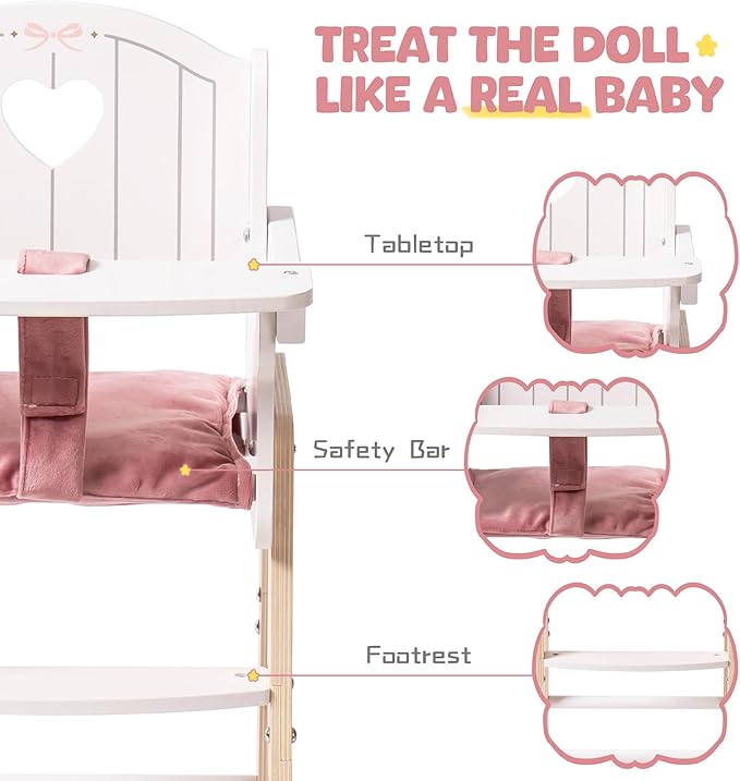 ROBOTIME Wooden Baby Doll High Chair, Pink Wooden Baby Doll Chair for 18 Inch Dolls, Pretend Play High Chair Baby Doll Accessories, Small