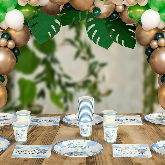 200 Pcs Blue Elephant Baby Shower Paper Plates Napkins Cups Its a Boy Baby Shower Party Supplies Tableware Set Elephant Disposable Cup Napkin for 50 Guest Girls Spring Party Decoration