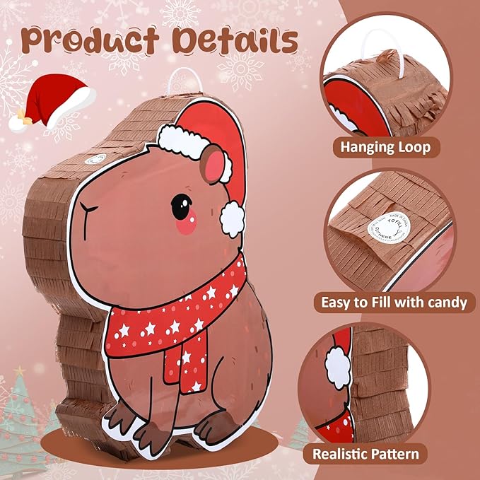 Christmas Capybara Piñata for Kids Birthday Party 15.7 x 10 x 2.8 Inches Santa Hat Animal Piñata with Bat Blindfold and Confetti for Baby Shower Photo Props Decoration
