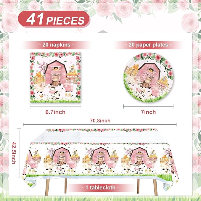41pcs Pink Farm Party Supplies ,include 20 Plates, 20 Napkin and 1pcs Tablecloth,Used for Farm Birthday Party Decoration (Pink Farm JJJ)