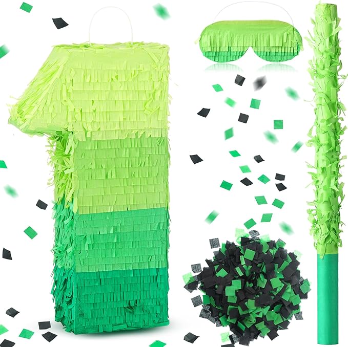 Number Piñata Decorations 16 Inch Gradient Green Piñata with Blindfold Stick and Confetti for Birthday Baby Shower Safari Jungle Themed Party Supplies Centerpiece(Number 1)