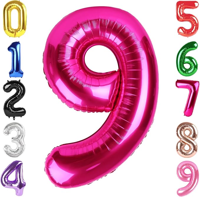 40 Inch Hot Pink Number 9 Balloon, Giant 9 Number Balloons for 9th Birthday Decorations, Party Supplies for Baby Boy Girl, Hot Pink Party Decor