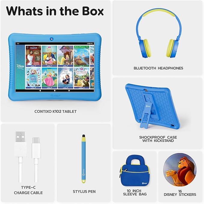 Contixo 10" Android Kids Tablet Bundle - 32GB, Epic! & Lingokids Educational Apps, Parental Controls, Kid-Proof Case w/Kickstand & Stylus, Headphones & Sleeve Bag - Blue