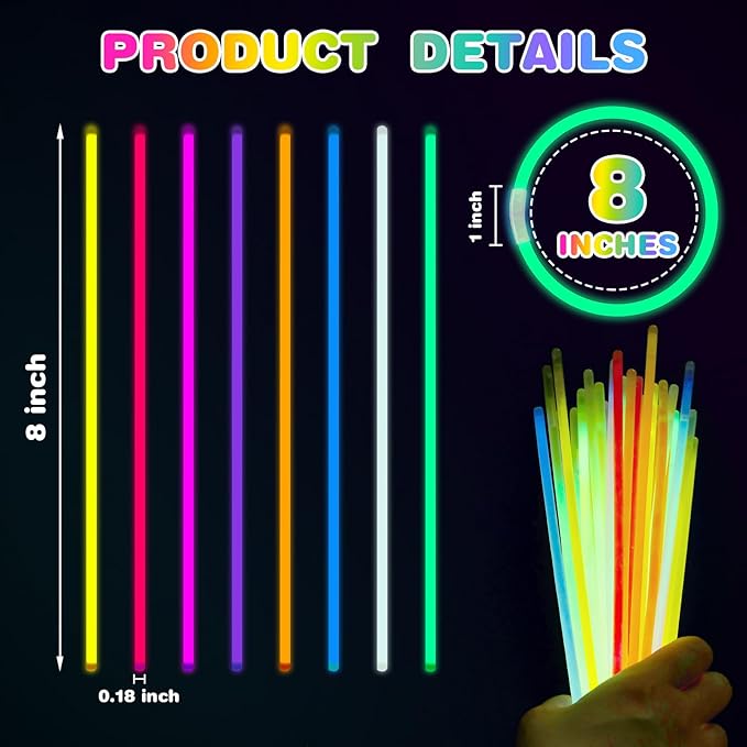 800 Pcs 8 inch Ultra Bright Glow Sticks Bulk Party Favors Pack,Christmas,Easter, Football, Birthday Decorations,Light Up Necklaces and Bracelets with 800 Connectors