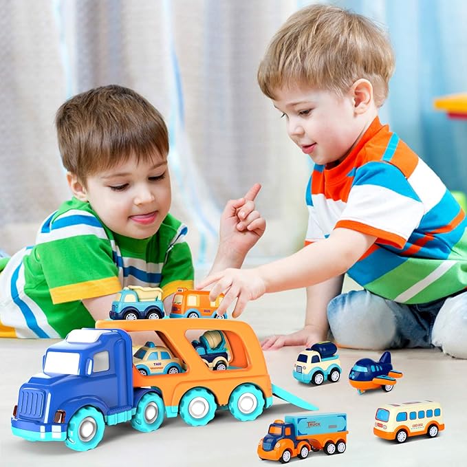 9 Pack Cars Toys for 2 3 4 5 Years Old Toddlers Boys and Girls Gift, Big Transport Truck with 8 Small Cute Pull Back Trucks, Colorful Assorted Vehicles Playset, Carrier Truck with Sound and Light