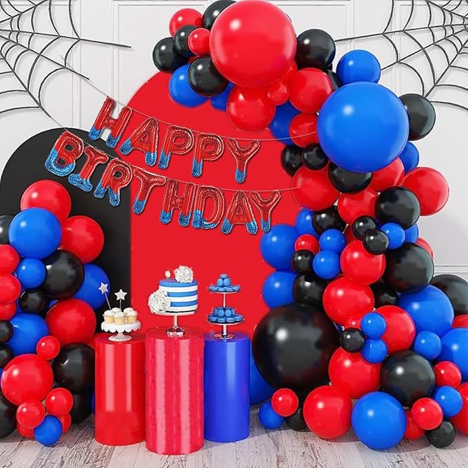 Spider Theme Happy Birthday Letter Balloons Banner, Red and Blue, Party Decoration