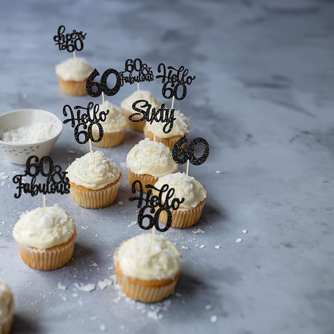 30pcs Happy 60th Birthday Cupcake Toppers - Black Glitter Sixty Cake Toppers - Cheers to 60 Years Old Cupcake Picks for Anniversary Party Cake Decorations