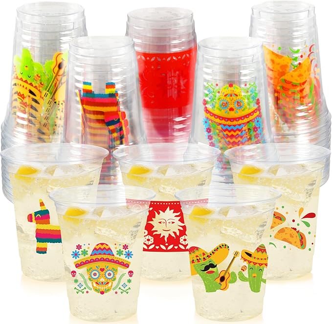 100Pcs Fiesta Cups,12 OZ Plastic Disposable Clear Mexican Cups for Cinco De Mayo Drinkware Party Supplies Fiesta Taco Birthday Party Decorations, 5 Designs