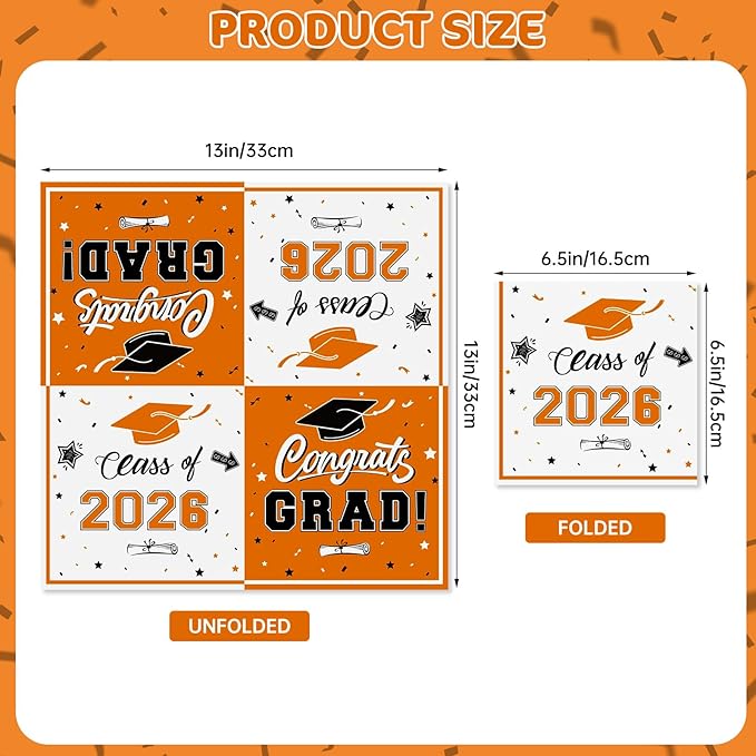 50 Pcs Graduation Napkins Decorations - Orange Class of 2026 Congrats GRAD 3-Ply Paper Cocktail Dinner Napkins Set for 2026 Graduation Party Supplies Table Decor Favors, 6.5 x 6.5 Inch