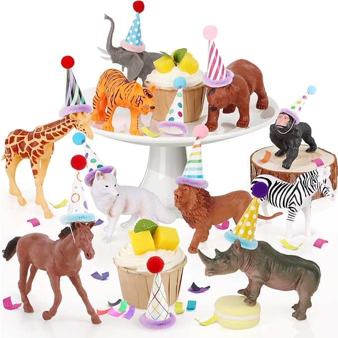 Hooqict 20 Pcs Jungle Animal Birthday Party Decorations Safari Animals Figures with Mini Birthday Hats Animal Cake Toppers for Kids Safari Cake Decorations Wild Zoo Themed Party Decorations