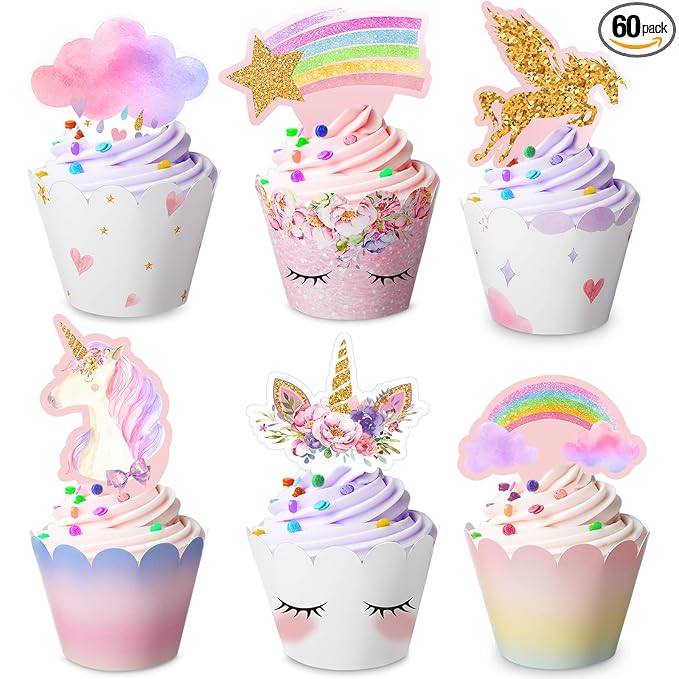 Censen 30 Pieces Unicorn Cupcake Toppers and Wrappers Decorations Unicorn Cup Cake Liners Rainbow Birthday Party Supplies Rainbow Topper Decorations for Girls Women Birthday Party