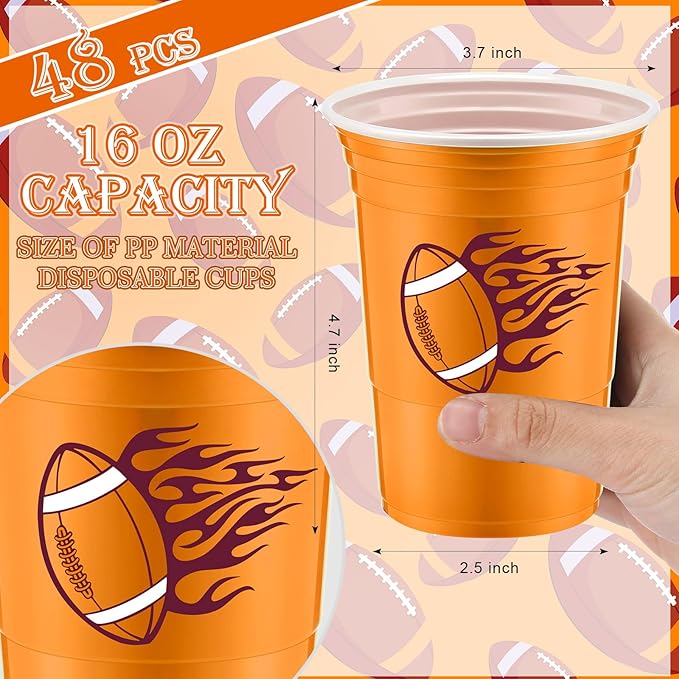 Norme 48 Pcs Football Party Supplies - 16 oz Thick Plastic Disposable Cups for Hot Cold Drinks, Wine, Coffee - Holiday Themed Party Favors