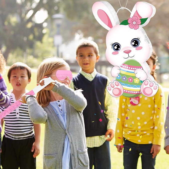 Hooqict Easter Egg Pinata Bunny Pinata with Blindfold and Bat Stick for Girls Spring Happy Easter Party Games Bunny Birthday Party Decorations Sunday Celebration Supplies
