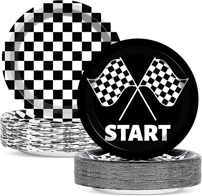 CHUNNIN 50 PCS Black and White Checkered Party Plates for Race Car Themed Party Decoration - 7 Inch Race Car Checkered Birthday Paper Disposable Dessert Plates for Kids Boys and Girls Party Supplies