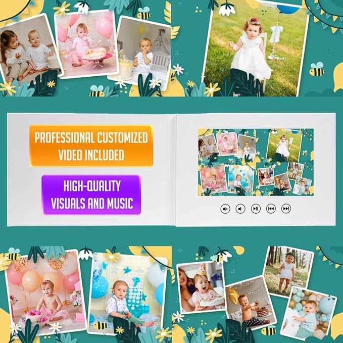 Baby’s Birthday Video Greeting Card – Upload Photos for Unique Slideshow – Adorable Gift for Children – 7-Inch Digital Display, 8GB Memory, Rechargeable Battery, Plug & Play USB