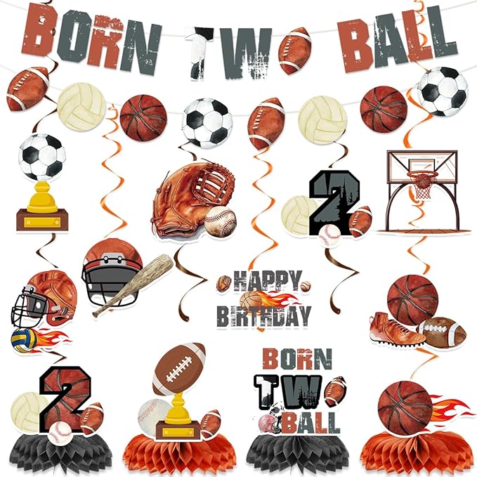 Born 2 Ball Birthday Decorations Include Born Two Ball Banners Hanging Swirls Honeycomb Centerpiece Ball 2nd Birthday Sports Theme Party Supplies for Boys