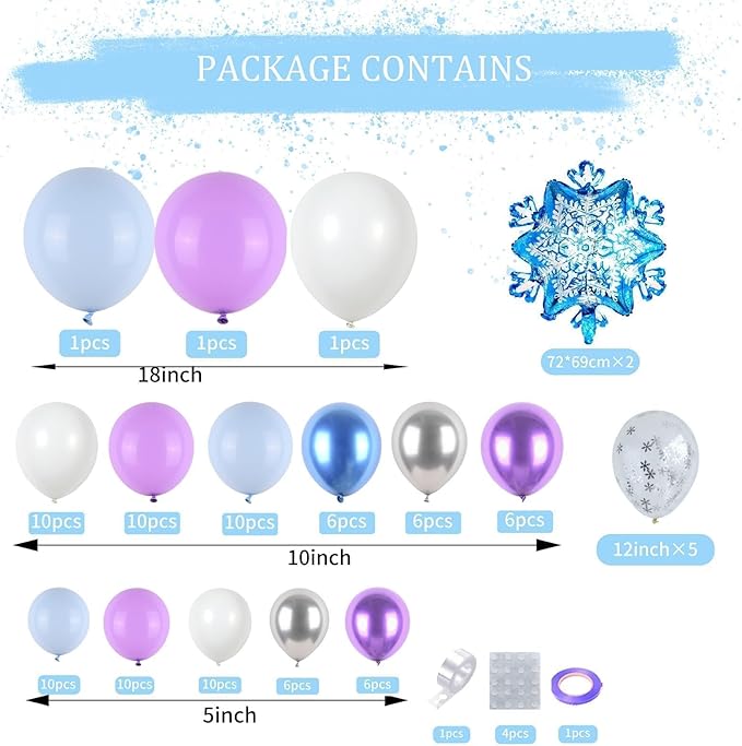 Frozen Birthday Balloon Arch Kit, Metallic Purple Blue Silver Snowflake Balloons for Girls Winter Theme Birthday Snow Theme Party Baby Shower Winter Party Decorations