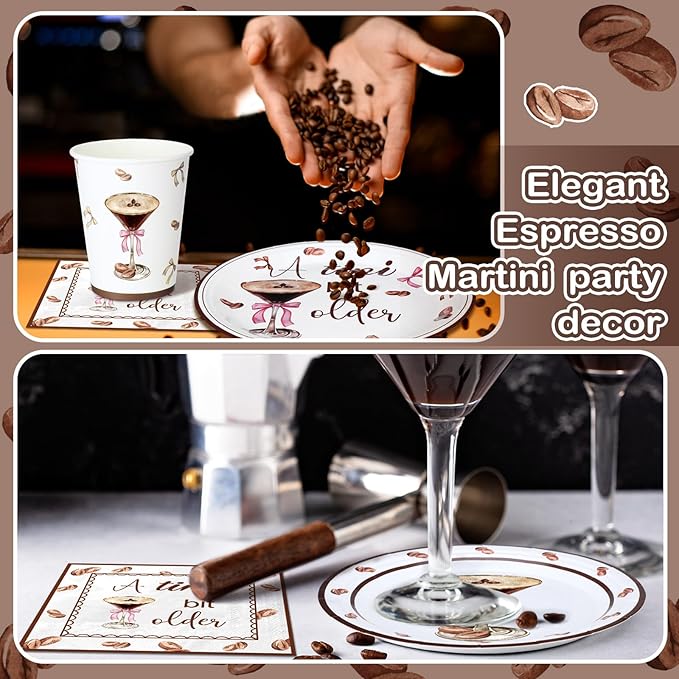 168 Pcs 24 Sets A Tini Bit Older Birthday Decoration, Espresso Martini Paper Plates Napkins and Cups, Espresso Dessert Party Tableware Set, Dinnerware for Party Supplies Wedding