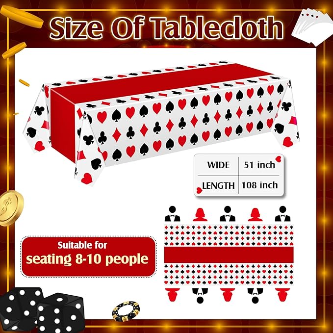 Hosuly 3 Pcs Casino Theme Party Decorations Poker Tablecloth Poker Plastic Disposable Table Cover Casino Theme Tablecloth for Game Birthday Playing Card Party Picnic Supplies, 51 x 108 Inch (Classic)