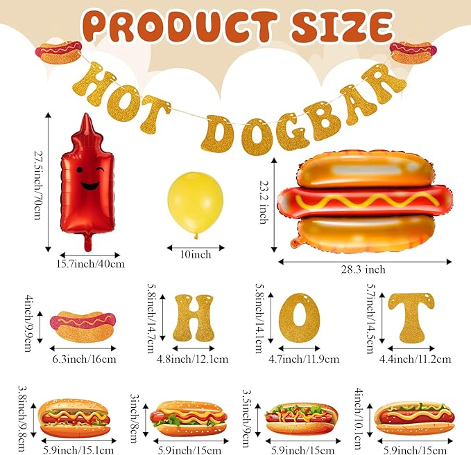 Gejoy 213 Pcs Hot Dog Party Decorations Kit - Includes 12 Pcs Hot Dog Balloons, 200 Latex Balloons & 1 Set Glitter Banner for Birthday Sausage Food Party Supplies & BBQ Celebrations