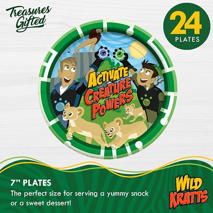 Treasures Gifted Officially Licensed Wild Kratts Birthday Party Supplies - Serves 24 Guests - Dinnerware Deluxe Set Wild Kratts Party Supplies - Wild Kratts Cups, Plates, Tablecloth & Napkins