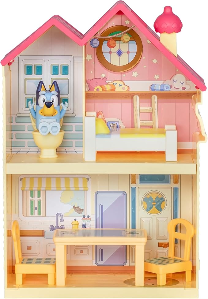 Mini House Playset with 2.5" Figure & 5 Accessories, 3 Room Play House Toys with Carry Handle, Compact Travel Toy