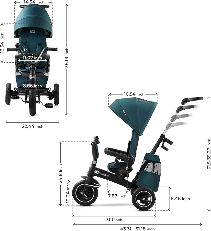 Kinderkraft EASYTWIST Trycicle for Kids Toddlers, Trike 5-in-1, Swivel seat 360° Rotation, Waterproof Material with UPF50+ Filter, Adjustable Parent Handle, Green