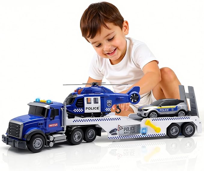 21" Semi Police Truck Toy with Helicopter & Racing Car,Toddler Boy Toys for 3 4 5 6 Years Kids,Friction Powered Truck Vehicle with Lights & Sounds for Boys Girls Christmas Birthday Gifts