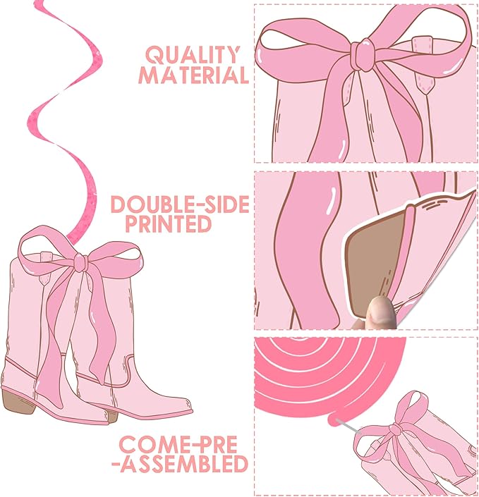 Cowgirl Coquette Hanging Swirls 20PCS Boots and Bows Hanging Decorations Pink Western Cowgirls Party Decorations Cowgirl Boots Hanging Streamers for Coquette Birthday Party Supplies