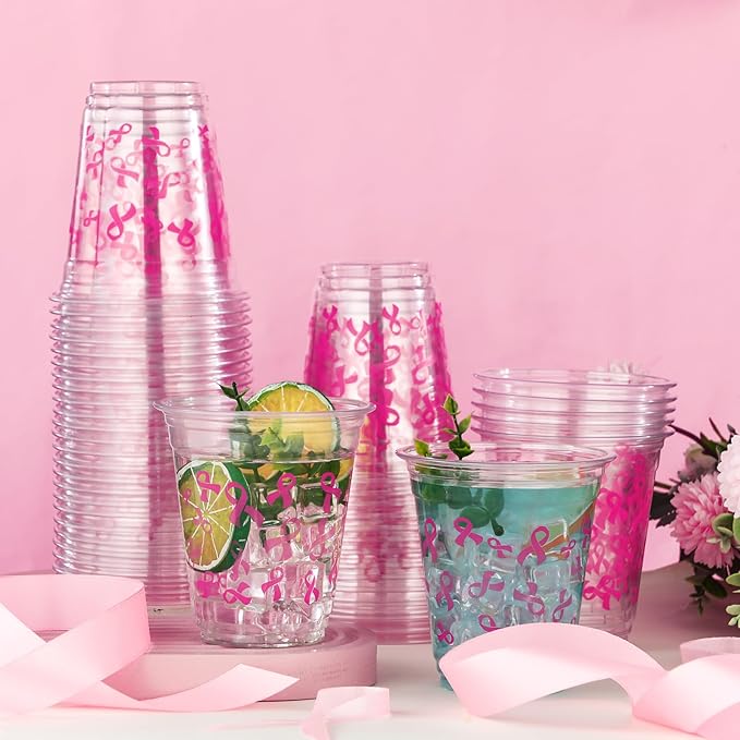 Uiifan 50 Pcs Breast Cancer Awareness Cups Bulk 12 oz Pink Ribbon Disposable Plastic Cups Breast Cancer Awareness Accessories for Charity Event Women Party Supplies Cold Beverage Drinking Tumblers