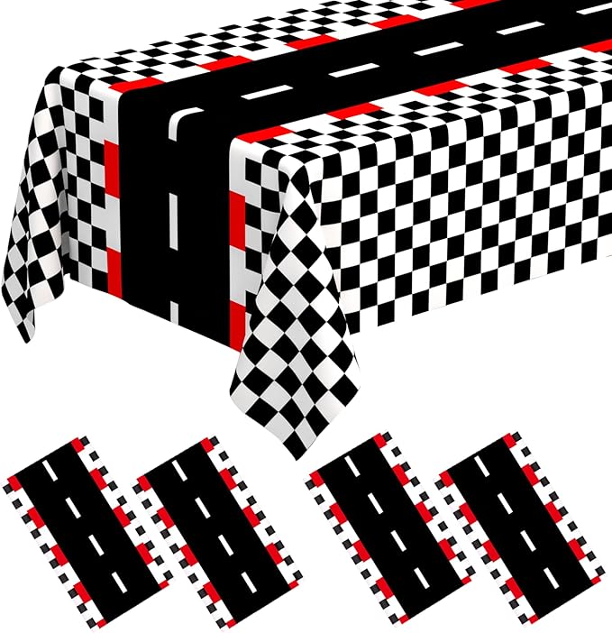 WNINK 4 Pack Racing Car Theme Rectangular Plastic Tablecloths, Car Disposable Table Covers 54" x 108" Black Checkered Flag Table Cloths for Race Car Birthday, Outdoor Picnic Parties Decorations