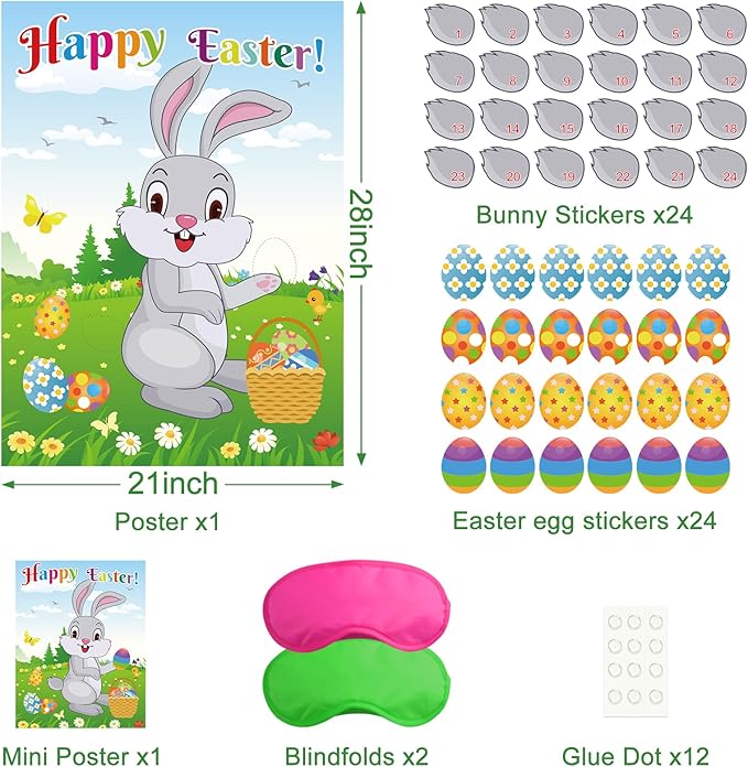 PLULON Easter Pin Game for Kids Pin The Tail on The Bunny Pin Easter Egg on Rabbit Stickers Large Poster Backdrop for Easter Decorations Family Classroom Activities Easter Egg Hunt Party Supplies