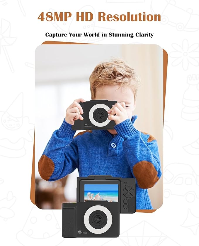 Kids Digital Camera Flip Screen,48MP,1080P HD Selfie Kids Camera,with 16x Zoom Anti Shake,with 32GB TF Card,Durable Compact Camera for Boys Girls Kids