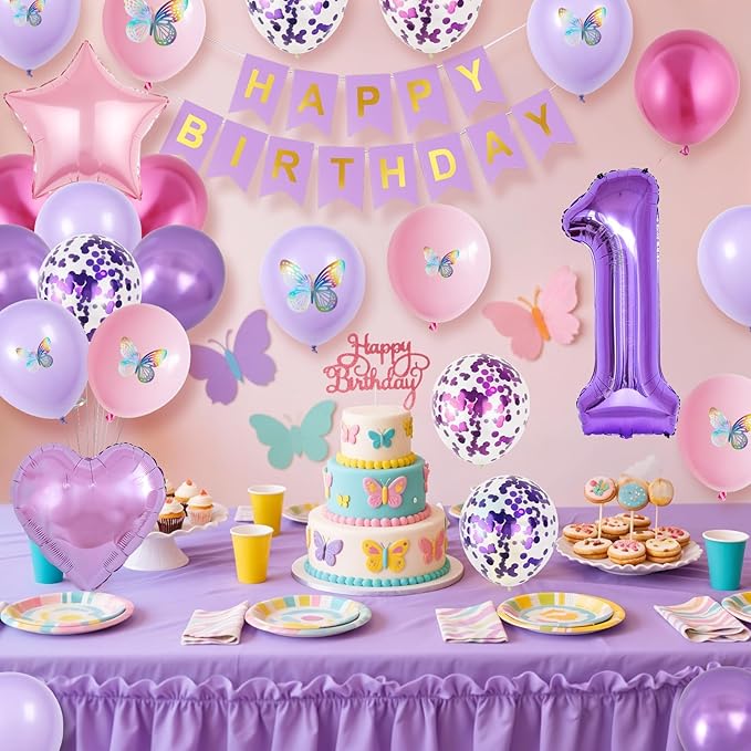 1st Birthday Decoration for Girls,Pink Purple 1st Birthday Balloon Number 1 Balloon with Butterfly Stickers Star Heart Foil Balloons Banner for Baby 1 Year Old Party Decor