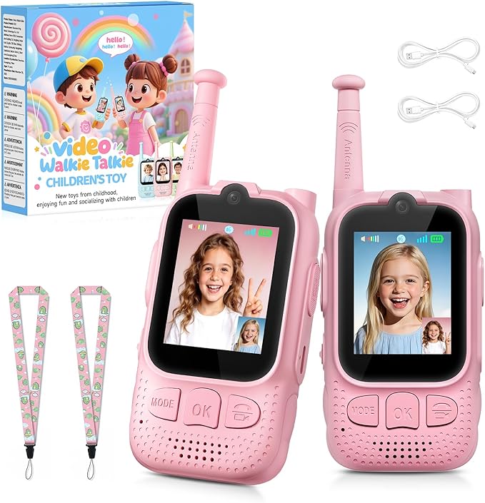 Kids Audio/Video Walkie Talkies, 2 Pack Rechargeable Walkie Talkies for Kids with 2’’ Screen & Camera & Voice Changer, Long Range Boys Girls Toys for Indoor Outdoor Camping Hiking Games (Pink/Pink)