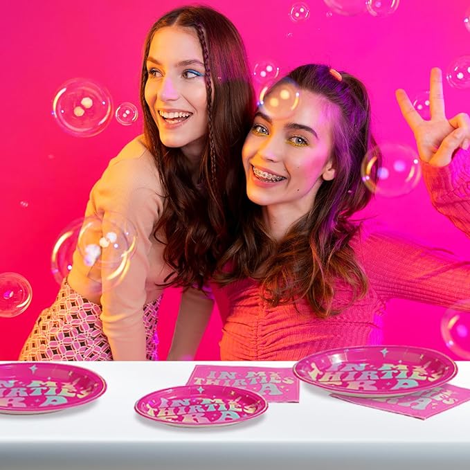 96Pcs In My Thirties Era Plates and Napkins 350GSM Holographic Rainbow 30th Birthday Decoration Hot Pink Tableware Set Singer In My Thirties Era Decoration for Fans Women 30th Birthday Party Serves 24