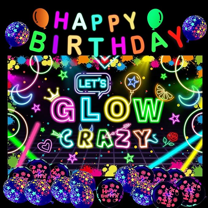 Neon Glow Party Decorations Supplies Include Neon Let's Glow Backdrop Glow in The Dark Party Supplies, 18Pcs Glow in the Dark Balloons and 1Pcs Glow Party Banner for Neon Birthday Party Decorations