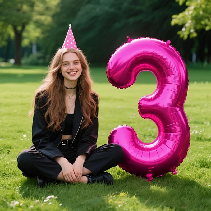 Rose Red Number 3 Birthday 40 Inch Balloons for Girls,Mylar 3 Hot Pink Balloon Number, Big Foil 3 & 1 Helium Number 13 31 Balloon for Women Birthday Party Decorations Anniversary Decor Supplies