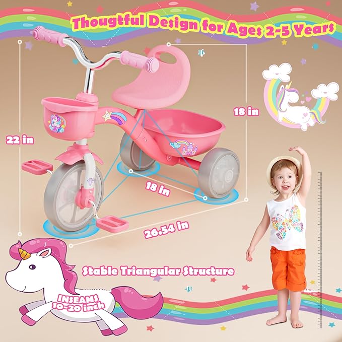 Tricycle for Toddlers 1-3 3-5 Year Olds, Unicorn Toddler Bike Baby Balance Bike with Colorful Lighting Wheels & Large Basket, Birthday Gift and Toy for 1 2 3 4 5 Year Olds Girls