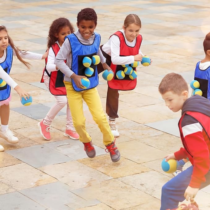 Dodgeball Target Set 20 Soft Fleece Tag Balls with 6 Sticky Vests, 6 Player Activity for Adult Indoor and Outside Play and Sports Activities