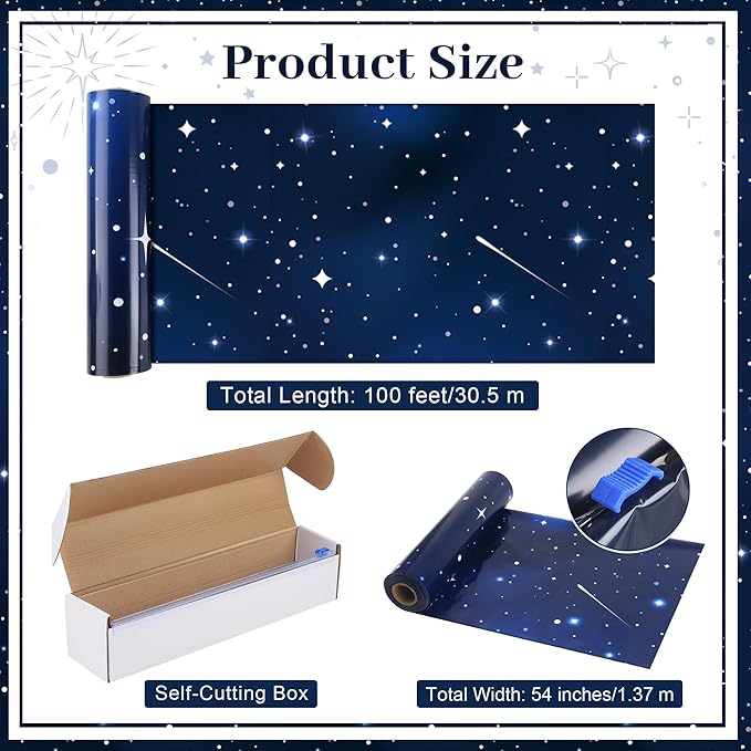 Kochorie 100 Ft X 54 Inch Space Galaxy Tablecloth Roll with Cutter Box Disposable Plastic Blue Galaxy Table Cloth Starry Night Wall Backdrop for Space Star Theme Birthday Baby Shower Party Decorations