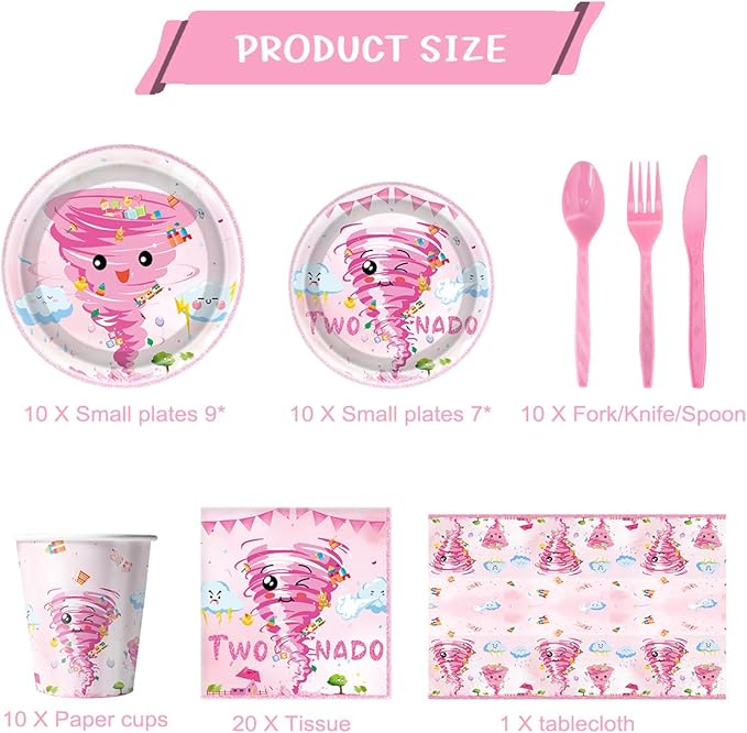 81Pcs Pink Tornado Theme Party Tableware Set Pink Two Nado Birthday Party Decoration Tornado Party Supplies