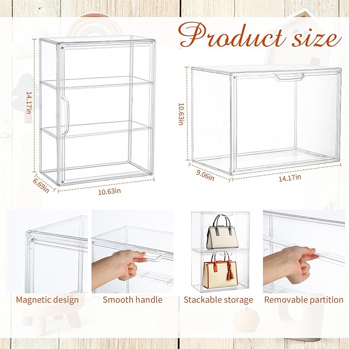 4 Pcs Clear Acrylic Display Case Plastic Stackable Storage Bins 3 Tier Display Shelf Storage Boxes Cabinet Organizer with Magnetic Door for Action Figures,Collectibles(Small)