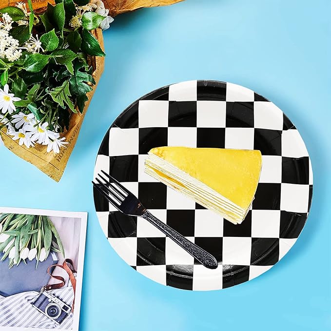 40 Pcs Race Car Birthday Party Supplies Black and White Checkered Party Supplies 7"Checkered Paper Plate,Black White Plate for Kids Car Sports Themed Racing Birthday Party Decorations (Black White)