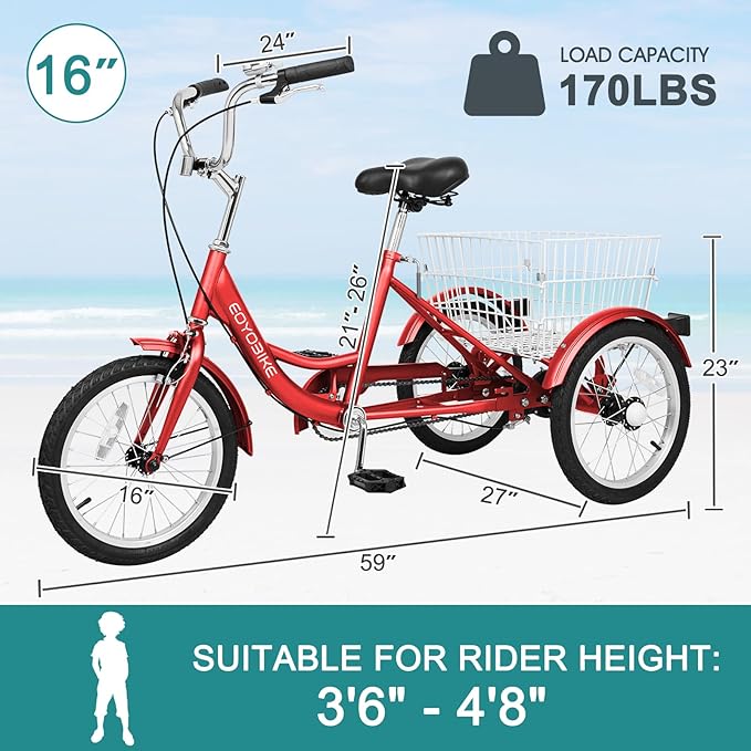 MOPHOTO 16 Inch Small Tricycle for Beginner Riders, Low Step-Through 3 Wheel Bike, Single Speed Trike with Hand Brakes, Adjustable Seat and Rear Basket, Fits Heights 3'9" to 4'9"