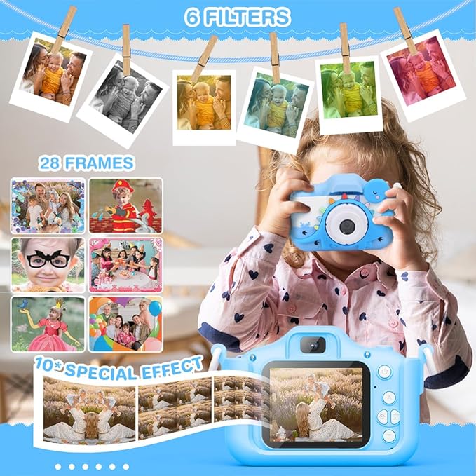Wembley Kids Camera for Boys & Girls 3–8 Years | Digital Camera for Kids 1080P Selfie Video | Toddler Camera Rechargeable with Games | 32GB Card | Silicone Cover | Dinosaur Birthday Gift - Blue