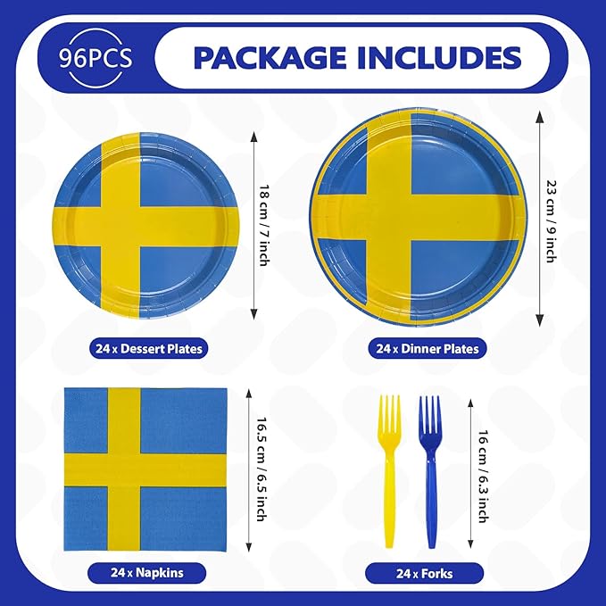 96 Pcs Sweden Flag Themed Party Decorations Disposable Swedish Paper Plates and Napkins Sweden Themed Tableware Set for Country Decoration School Sports Events Party Supplies, Serves 24