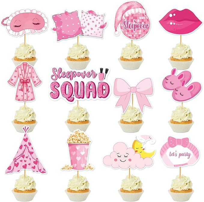 36 Pcs Sleepover Cupcake Toppers Slumber Party Cake Decorations Hot Pink Pajama Slumber Party Decorations Cupcake Toppers for Girls Ladies Night